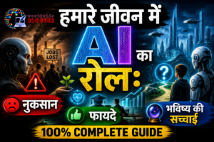 AI के फायदे और नुकसान दिखाता futuristic Hindi thumbnail जिसमें robot, future city, jobs loss, technology growth और Worldwide Blogger logo शामिल है।