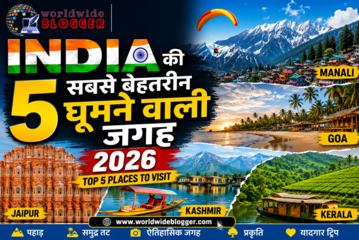 भारत की 5 सबसे बेहतरीन घूमने वाली जगह 2026 का ट्रैवल थंबनेल जिसमें मनाली, गोवा, जयपुर, कश्मीर और केरल की खूबसूरत तस्वीरें, Worldwide Blogger लोगो और वेबसाइट www.worldwideblogger.com दिखाई गई है।